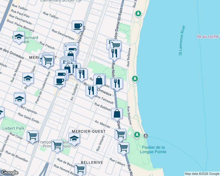 map of restaurants, bars, coffee shops, grocery stores, and more near 524 Rue Mousseau in Montréal