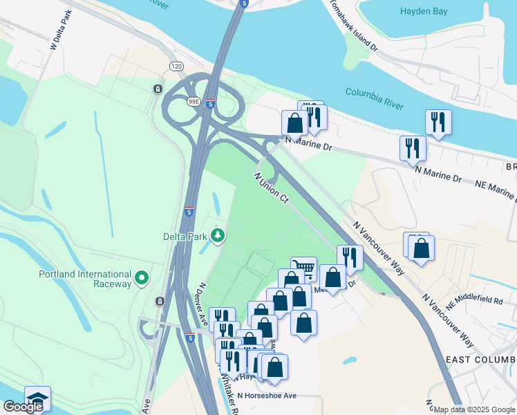 map of restaurants, bars, coffee shops, grocery stores, and more near 10737 North Union Court in Portland