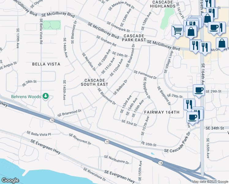 map of restaurants, bars, coffee shops, grocery stores, and more near 2901 Southeast Balboa Drive in Vancouver