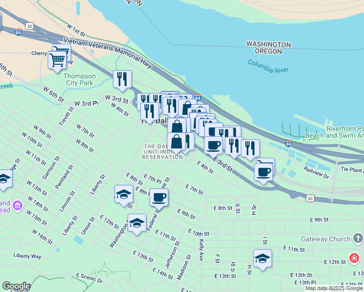 map of restaurants, bars, coffee shops, grocery stores, and more near 220 East 4th Street in The Dalles