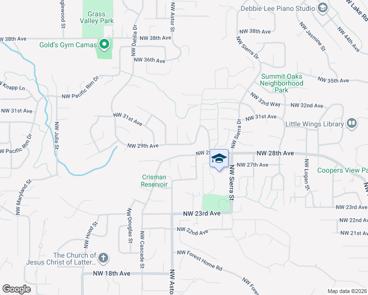 map of restaurants, bars, coffee shops, grocery stores, and more near 2344 Northwest 29th Avenue in Camas