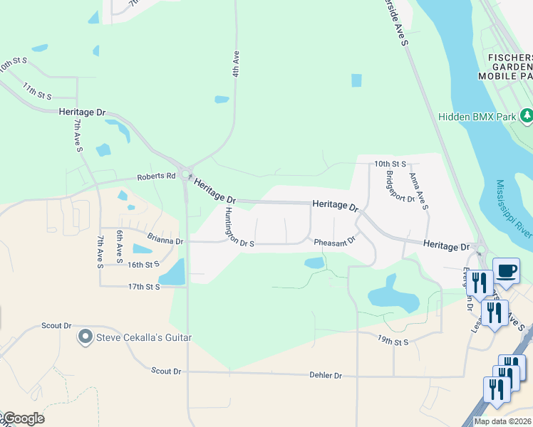 map of restaurants, bars, coffee shops, grocery stores, and more near 1206 Liberty Court in Sartell