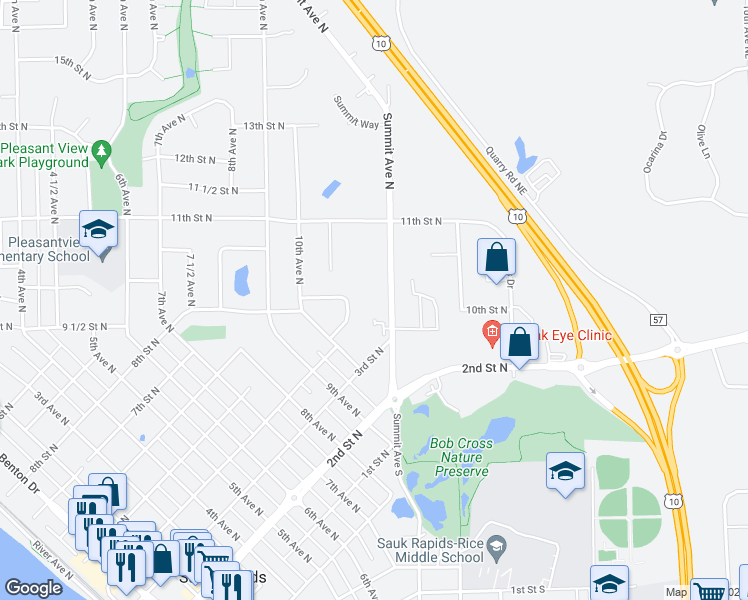 map of restaurants, bars, coffee shops, grocery stores, and more near 1001 Summit Avenue South in Sauk Rapids