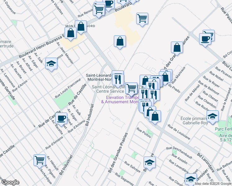 map of restaurants, bars, coffee shops, grocery stores, and more near 10815 Avenue Moisan in Montréal