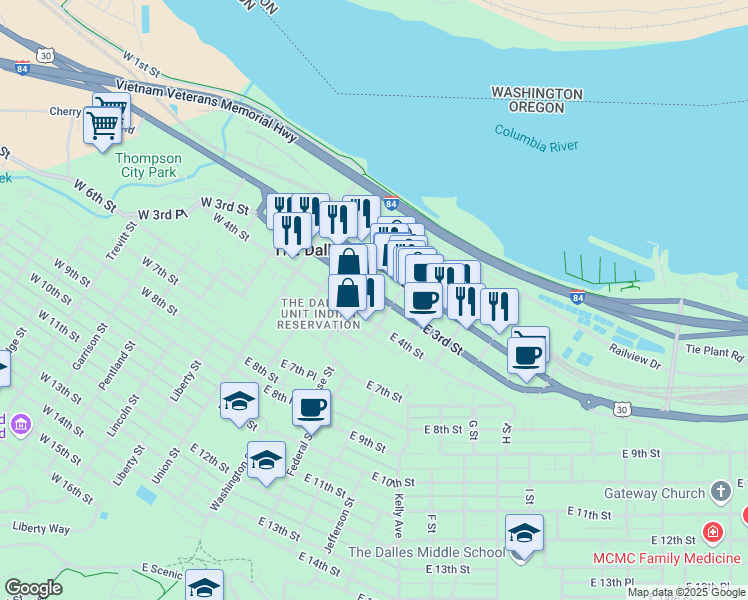map of restaurants, bars, coffee shops, grocery stores, and more near 316 East 3rd Street in The Dalles
