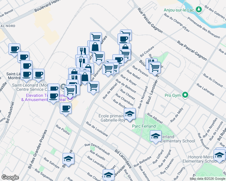 map of restaurants, bars, coffee shops, grocery stores, and more near 6132 Rue de Mériel in Montréal