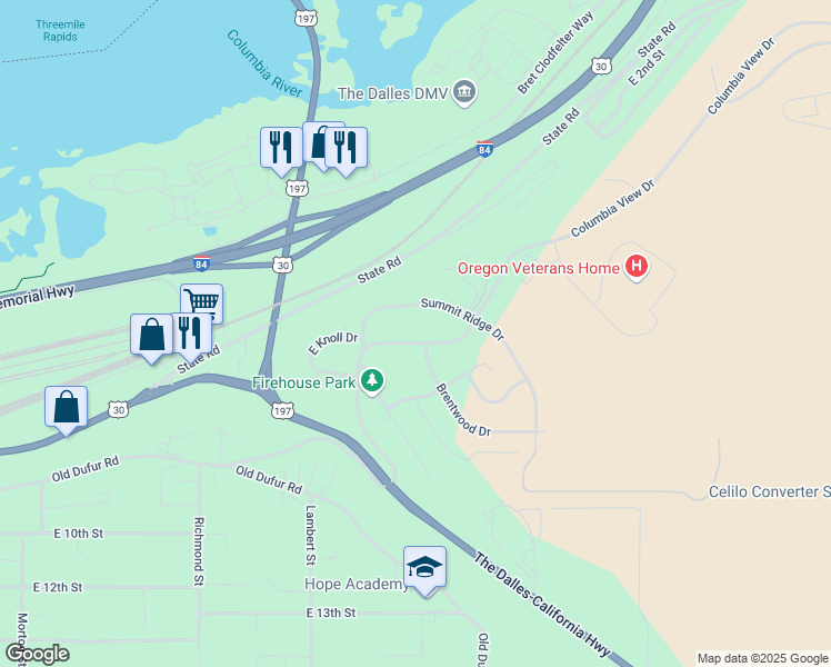 map of restaurants, bars, coffee shops, grocery stores, and more near 3325 Columbia View Drive in The Dalles