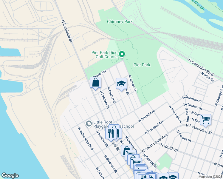 map of restaurants, bars, coffee shops, grocery stores, and more near 10011 North Central Street in Portland