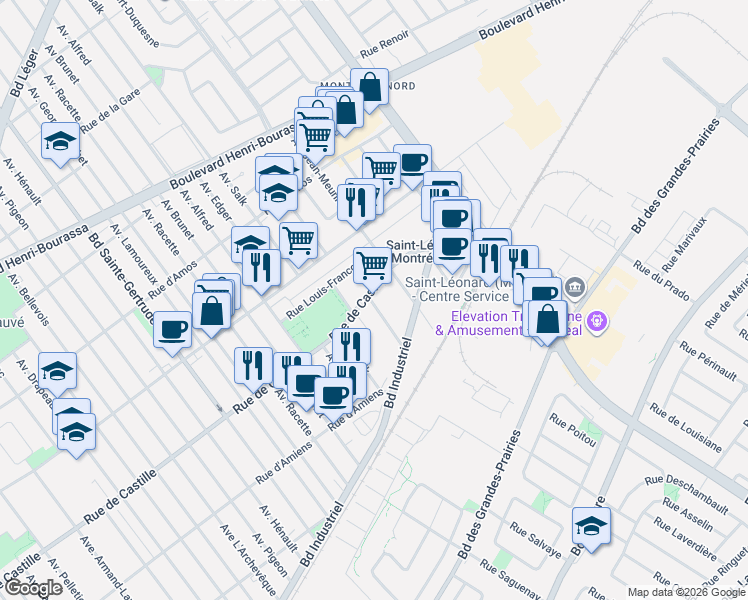 map of restaurants, bars, coffee shops, grocery stores, and more near 10815 Avenue Cantin in Montréal