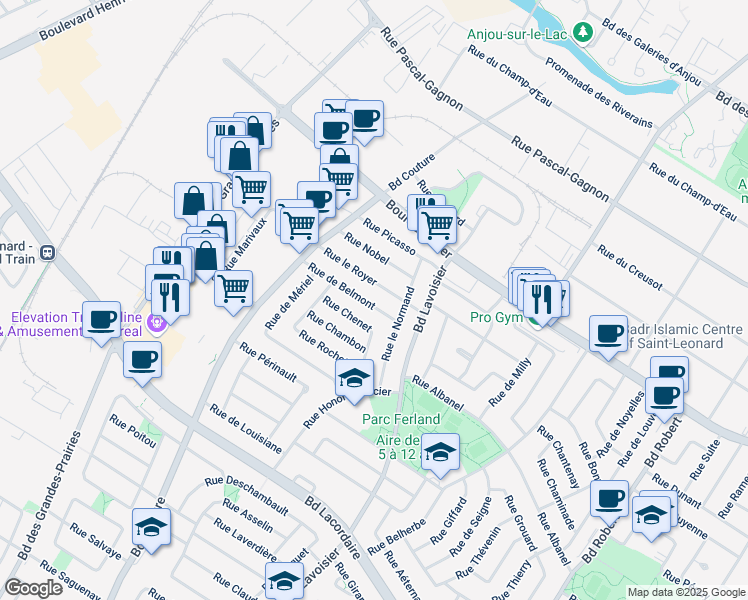 map of restaurants, bars, coffee shops, grocery stores, and more near 9013 Rue de Belmont in Montréal