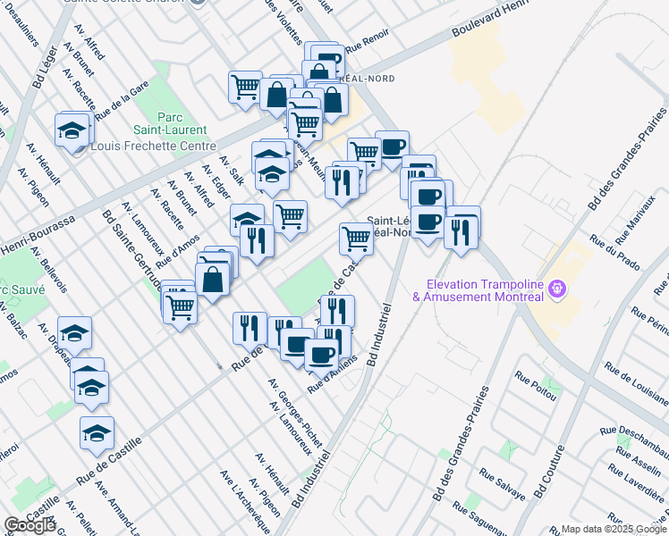 map of restaurants, bars, coffee shops, grocery stores, and more near 10901 Avenue Louis Fréchette in Montréal