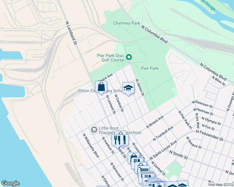 map of restaurants, bars, coffee shops, grocery stores, and more near 10033 North Central Street in Portland