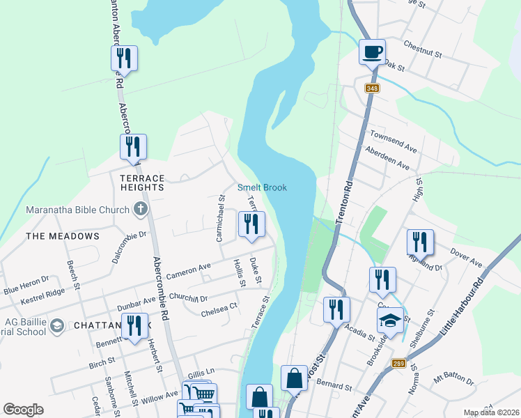 map of restaurants, bars, coffee shops, grocery stores, and more near 489 Terrace Street in New Glasgow