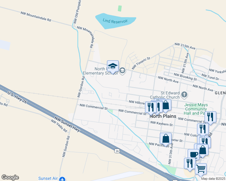 map of restaurants, bars, coffee shops, grocery stores, and more near 32180 Northwest Wascoe Street in North Plains