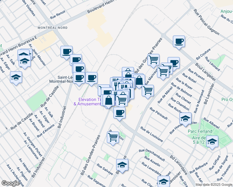 map of restaurants, bars, coffee shops, grocery stores, and more near 5935 Boulevard des Grandes-Prairies in Montréal