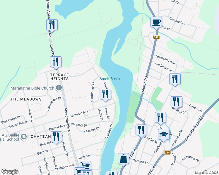 map of restaurants, bars, coffee shops, grocery stores, and more near 489 Terrace Street in New Glasgow
