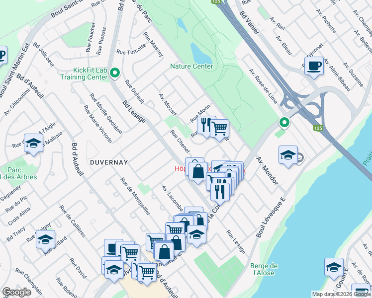 map of restaurants, bars, coffee shops, grocery stores, and more near Rue Chenet in Laval