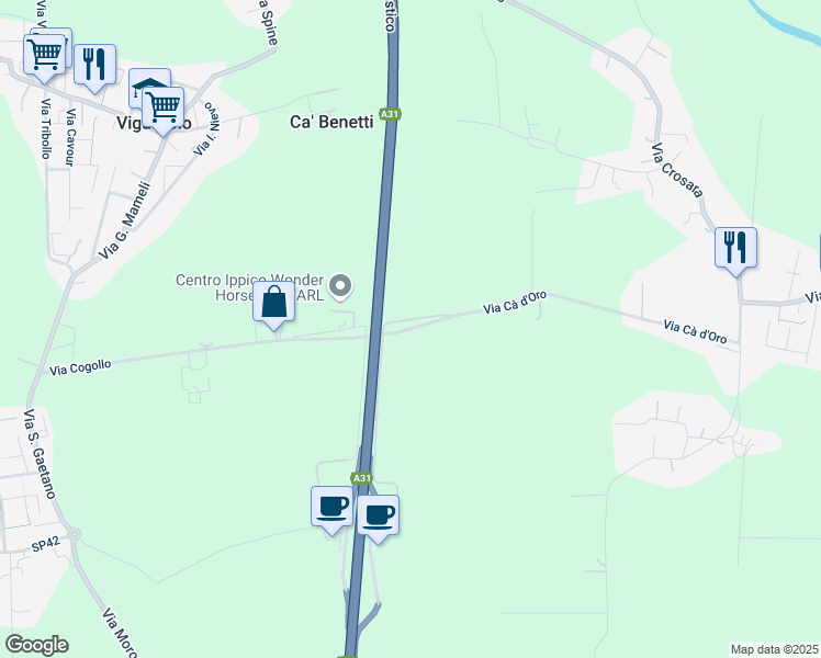 map of restaurants, bars, coffee shops, grocery stores, and more near 34 Via Cà d'Oro in Bolzano Vicentino