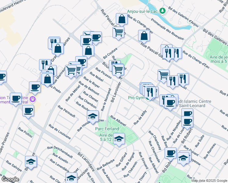 map of restaurants, bars, coffee shops, grocery stores, and more near 6313 Boulevard Lavoisier in Montréal