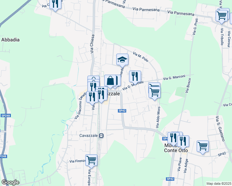 map of restaurants, bars, coffee shops, grocery stores, and more near 9 Vicolo dei Pioppi in Monticello Conte Otto