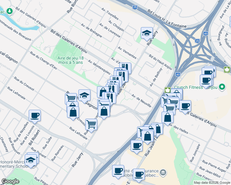 map of restaurants, bars, coffee shops, grocery stores, and more near 8525 Avenue des Ponts-de-Cé in Montréal