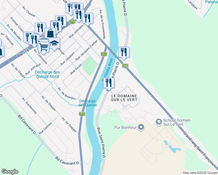 map of restaurants, bars, coffee shops, grocery stores, and more near Rue Saint-Pierre Ouest in Saint-Hyacinthe