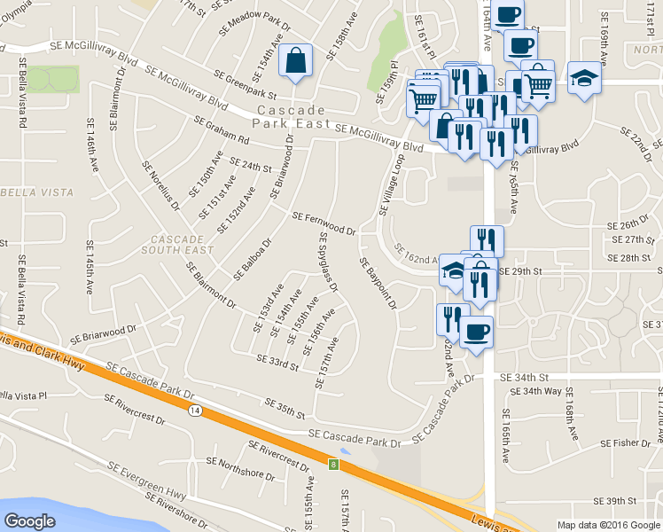 map of restaurants, bars, coffee shops, grocery stores, and more near 2809 Southeast Spyglass Drive in Vancouver