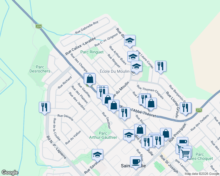 map of restaurants, bars, coffee shops, grocery stores, and more near 876 Rue Albert - Lozeau in Sainte-Julie