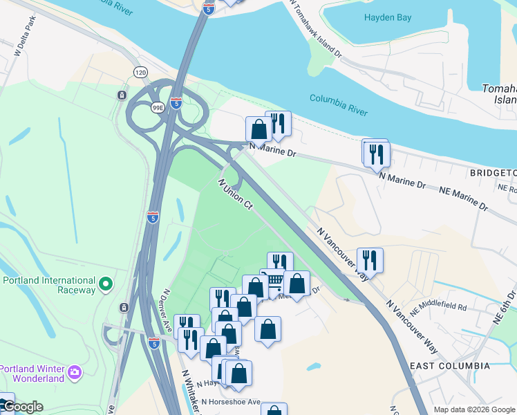 map of restaurants, bars, coffee shops, grocery stores, and more near 10737 North Union Court in Portland