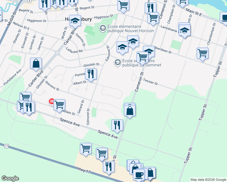 map of restaurants, bars, coffee shops, grocery stores, and more near 389 Albert Street in Hawkesbury