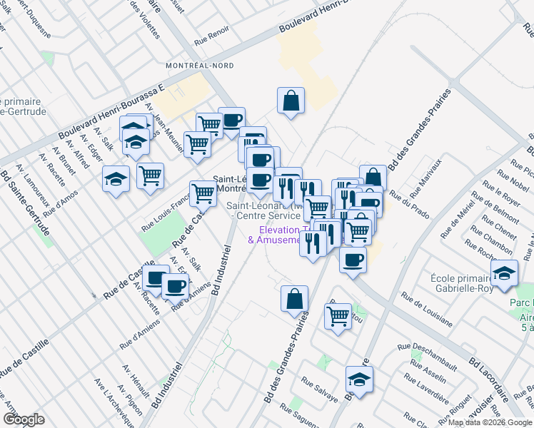map of restaurants, bars, coffee shops, grocery stores, and more near 10815 Avenue Moisan in Montréal