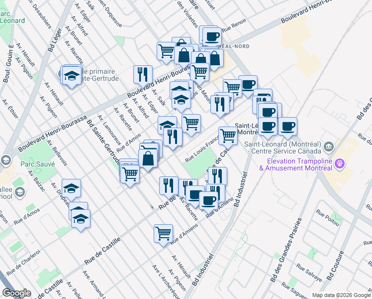 map of restaurants, bars, coffee shops, grocery stores, and more near 5250 Rue de Charleroi in Montréal