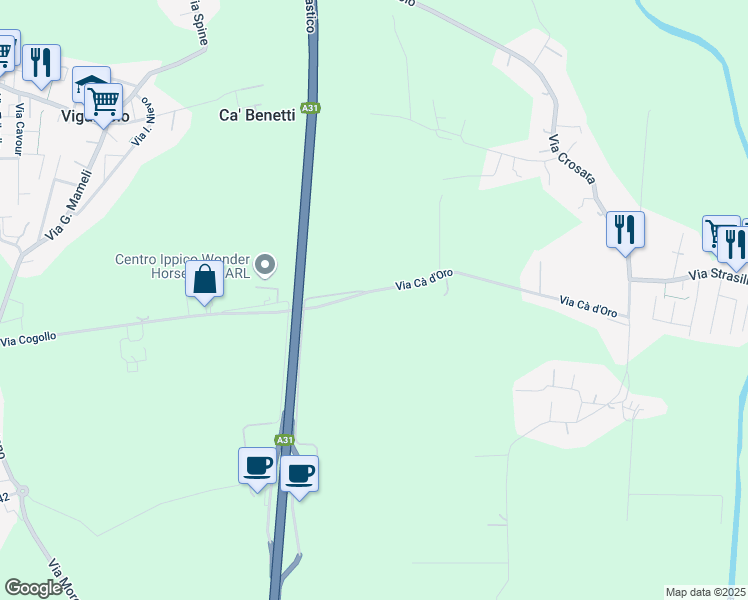 map of restaurants, bars, coffee shops, grocery stores, and more near 34 Via Cà d'Oro in Bolzano Vicentino