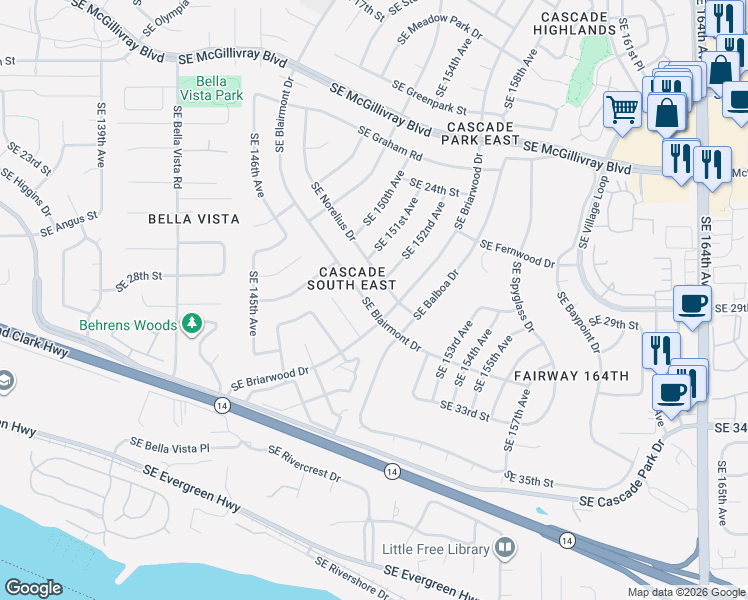 map of restaurants, bars, coffee shops, grocery stores, and more near 3001 Southeast Blairmont Drive in Vancouver