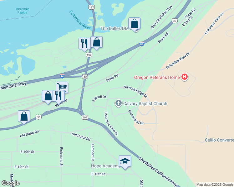 map of restaurants, bars, coffee shops, grocery stores, and more near 3325 Columbia View Drive in The Dalles