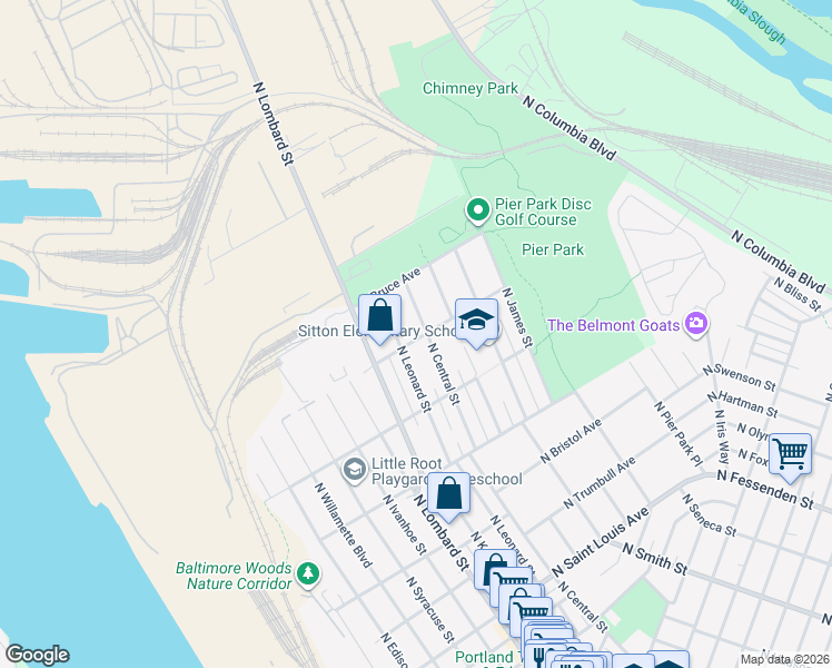 map of restaurants, bars, coffee shops, grocery stores, and more near 10011 North Central Street in Portland