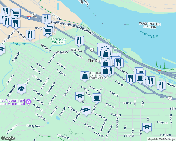 map of restaurants, bars, coffee shops, grocery stores, and more near 605 Union Street in The Dalles