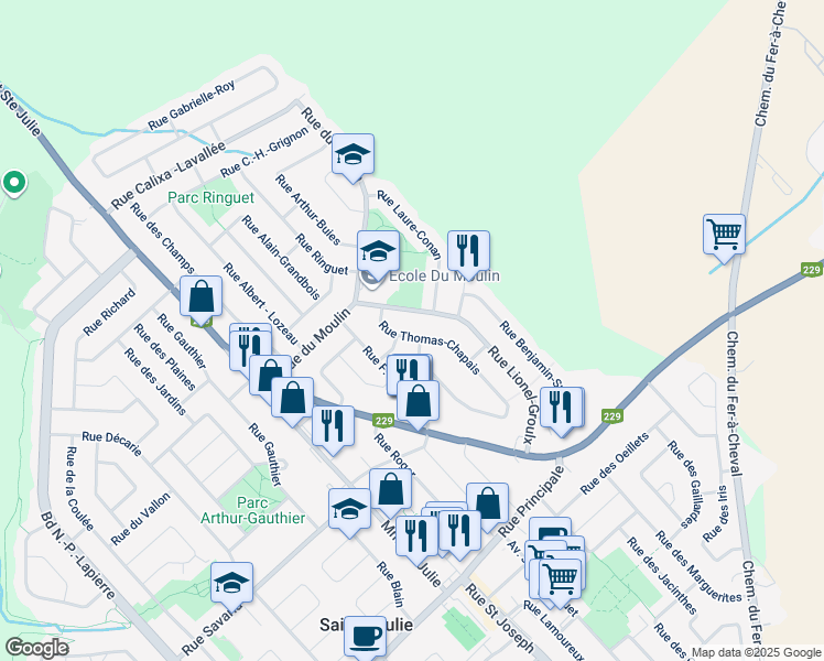 map of restaurants, bars, coffee shops, grocery stores, and more near 25 Rue Thomas-Chapais in Sainte-Julie