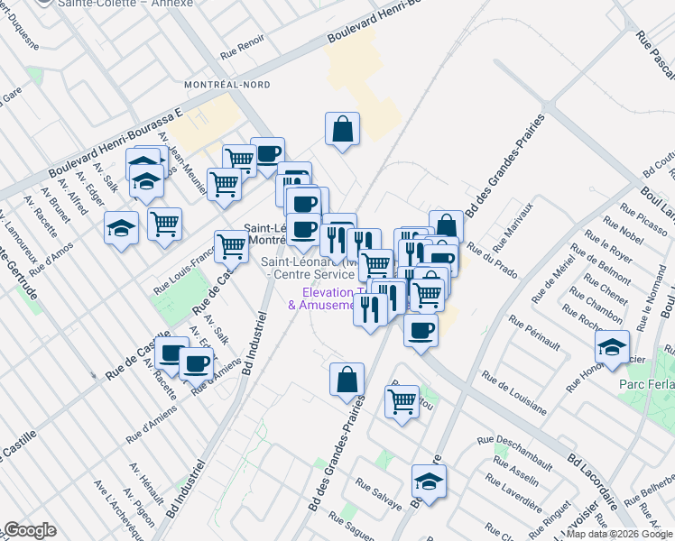 map of restaurants, bars, coffee shops, grocery stores, and more near 9472 Boulevard Lacordaire in Montréal