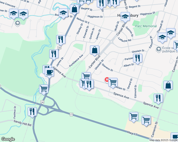 map of restaurants, bars, coffee shops, grocery stores, and more near 985 Cartier Boulevard in Hawkesbury