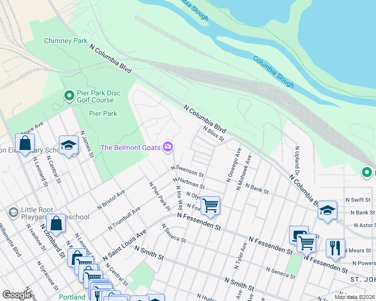 map of restaurants, bars, coffee shops, grocery stores, and more near 8464 North Hendricks Street in Portland