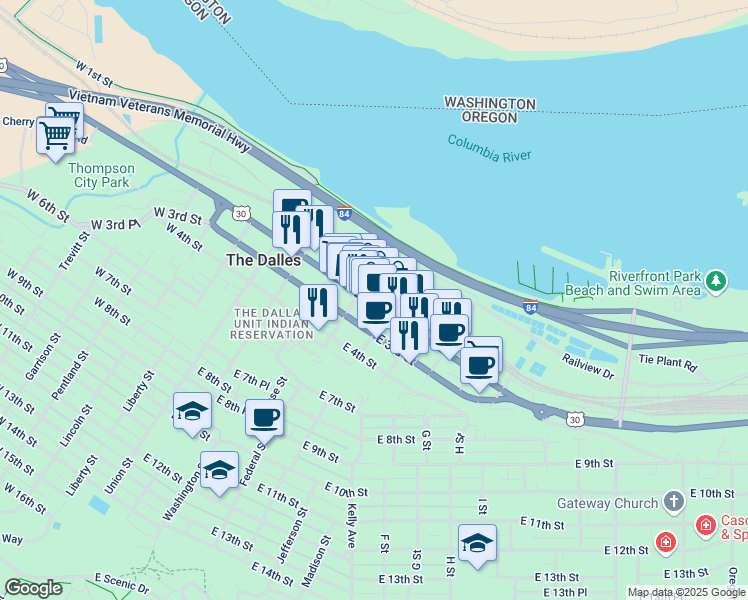 map of restaurants, bars, coffee shops, grocery stores, and more near 418 East 2nd Street in The Dalles