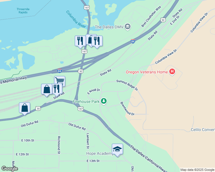 map of restaurants, bars, coffee shops, grocery stores, and more near 3325 Columbia View Drive in The Dalles
