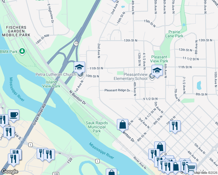 map of restaurants, bars, coffee shops, grocery stores, and more near 216 Pleasant Ridge Drive in Sauk Rapids