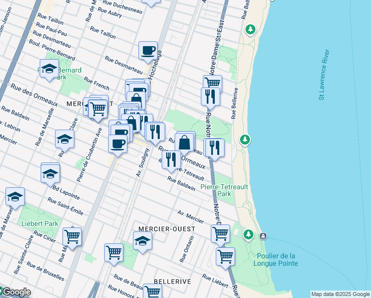 map of restaurants, bars, coffee shops, grocery stores, and more near 8759 Rue Tellier in Montreal