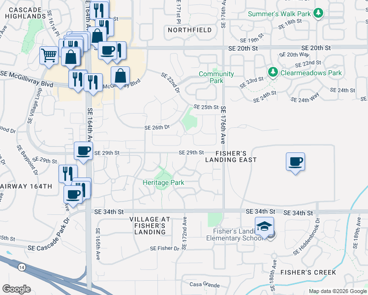 map of restaurants, bars, coffee shops, grocery stores, and more near 2906 Southeast 172nd Avenue in Vancouver