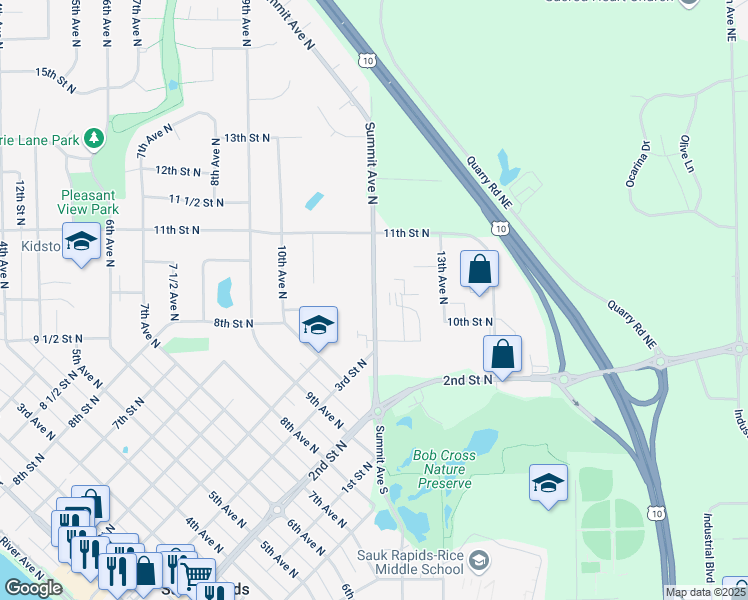 map of restaurants, bars, coffee shops, grocery stores, and more near 1001 Summit Avenue South in Sauk Rapids