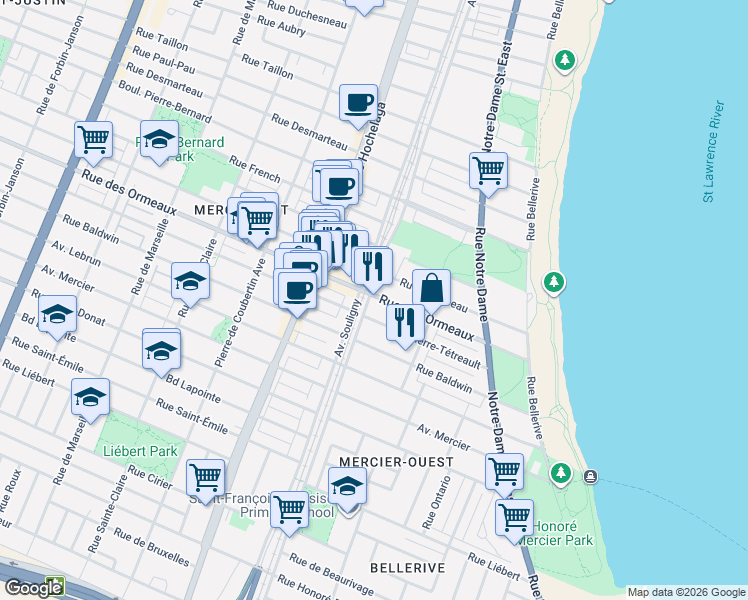 map of restaurants, bars, coffee shops, grocery stores, and more near 8714 Avenue Dubuisson in Montréal