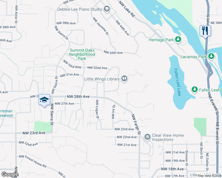 map of restaurants, bars, coffee shops, grocery stores, and more near 1115 Northwest 29th Avenue in Camas