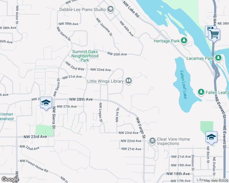 map of restaurants, bars, coffee shops, grocery stores, and more near 1115 Northwest 29th Avenue in Camas